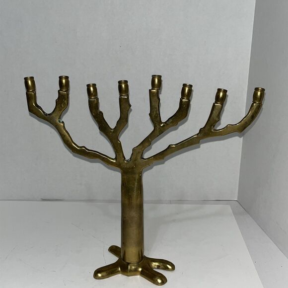 Vintage Solid Brass MCM Brutalist Style Tree Of Life Menora Judaica 10” Patina - Picture 2 of 12
